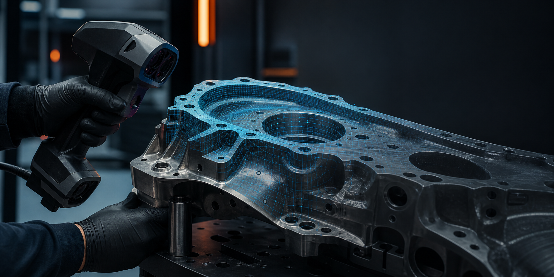 Inspeção dimensional com scanner 3D em componente industrial
