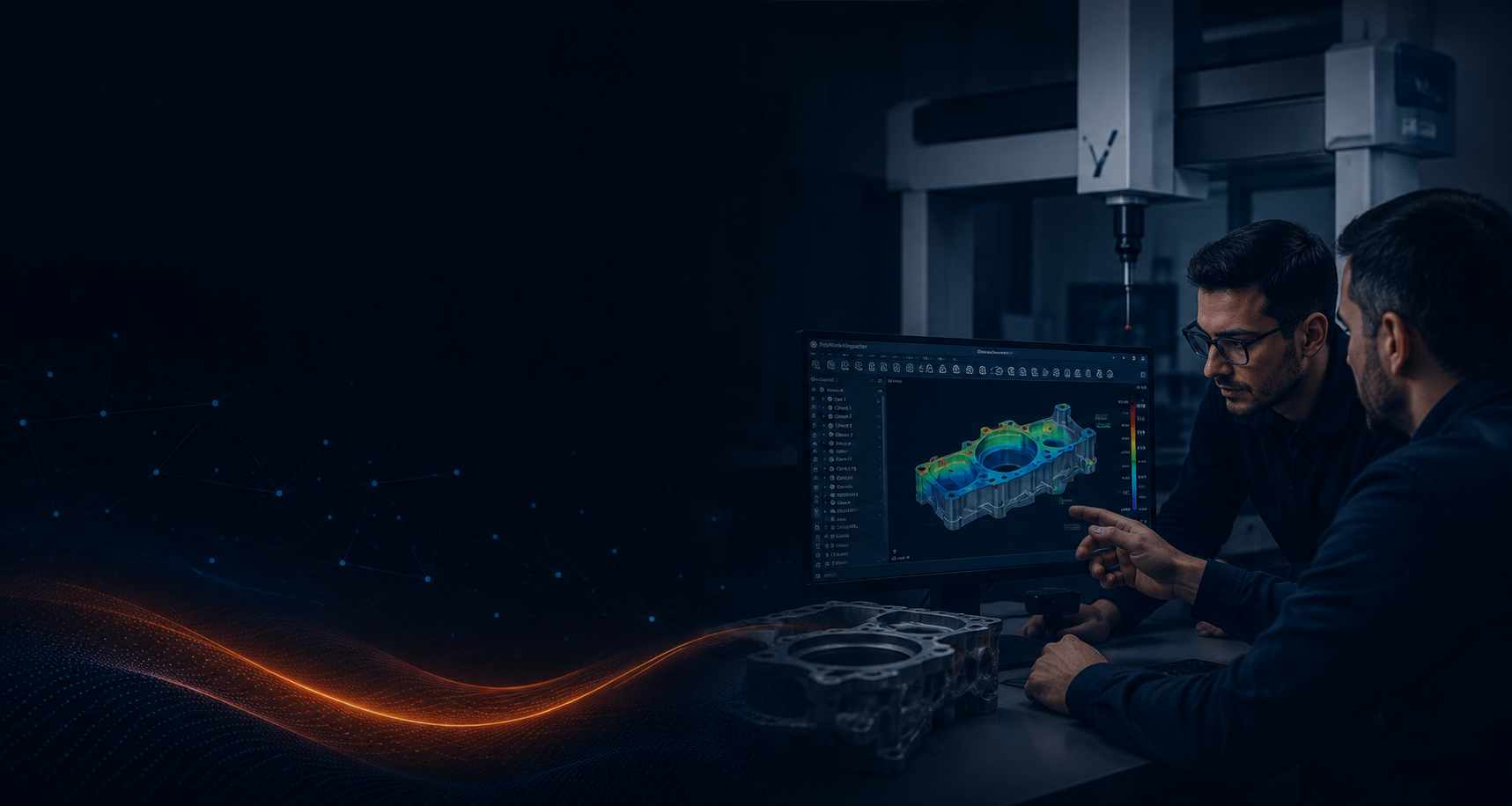 Profissionais analisando resultados dimensionais no PolyWorks diante de uma CMM