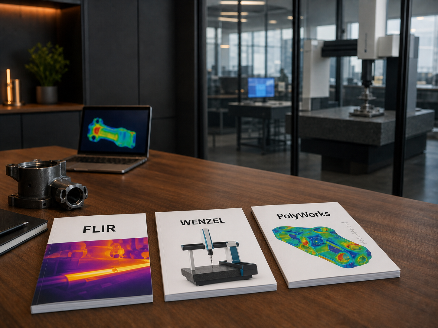Catálogos FLIR, WENZEL e PolyWorks em um escritório técnico de metrologia industrial
