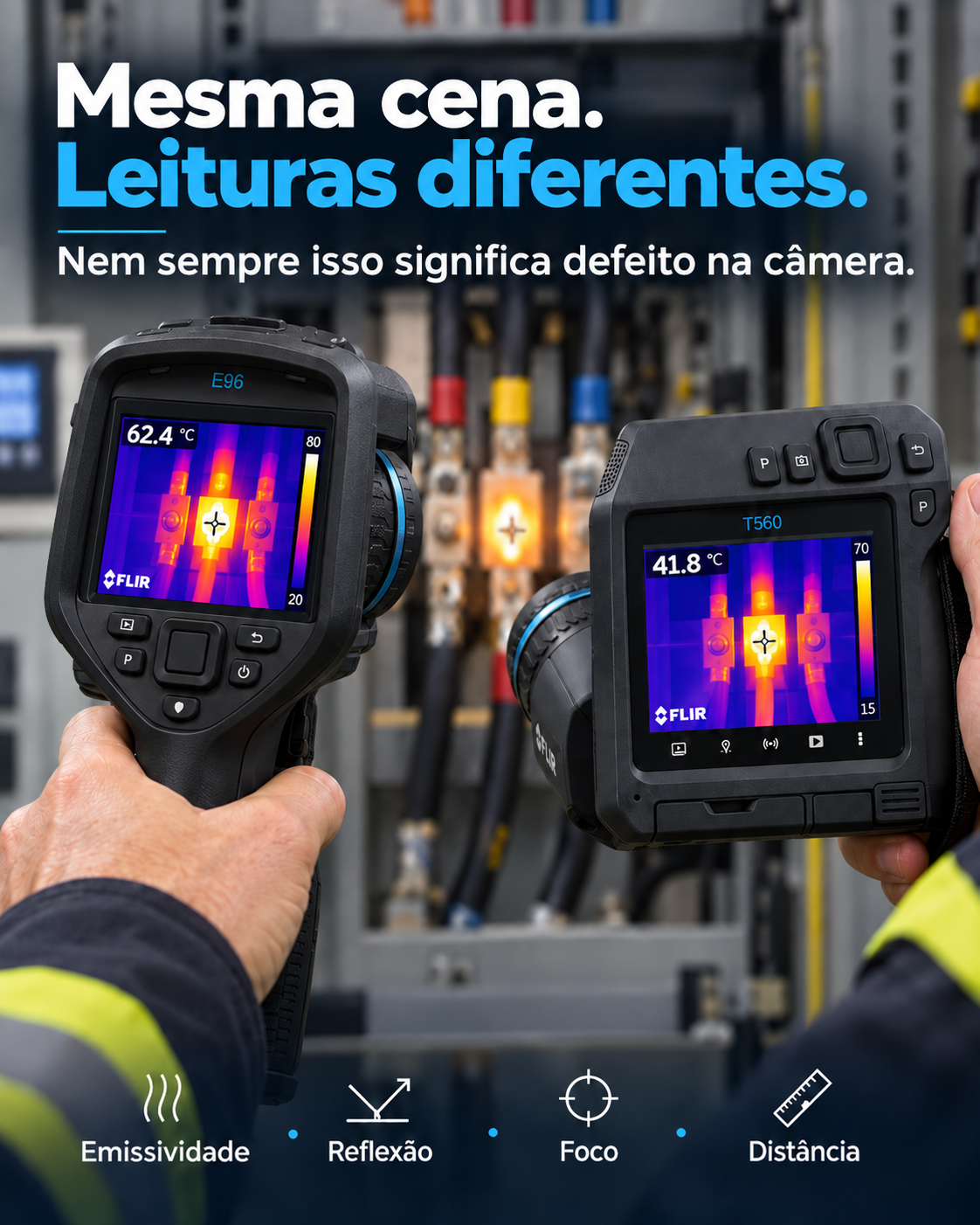 Duas câmeras termográficas FLIR mostrando leituras diferentes no mesmo equipamento elétrico