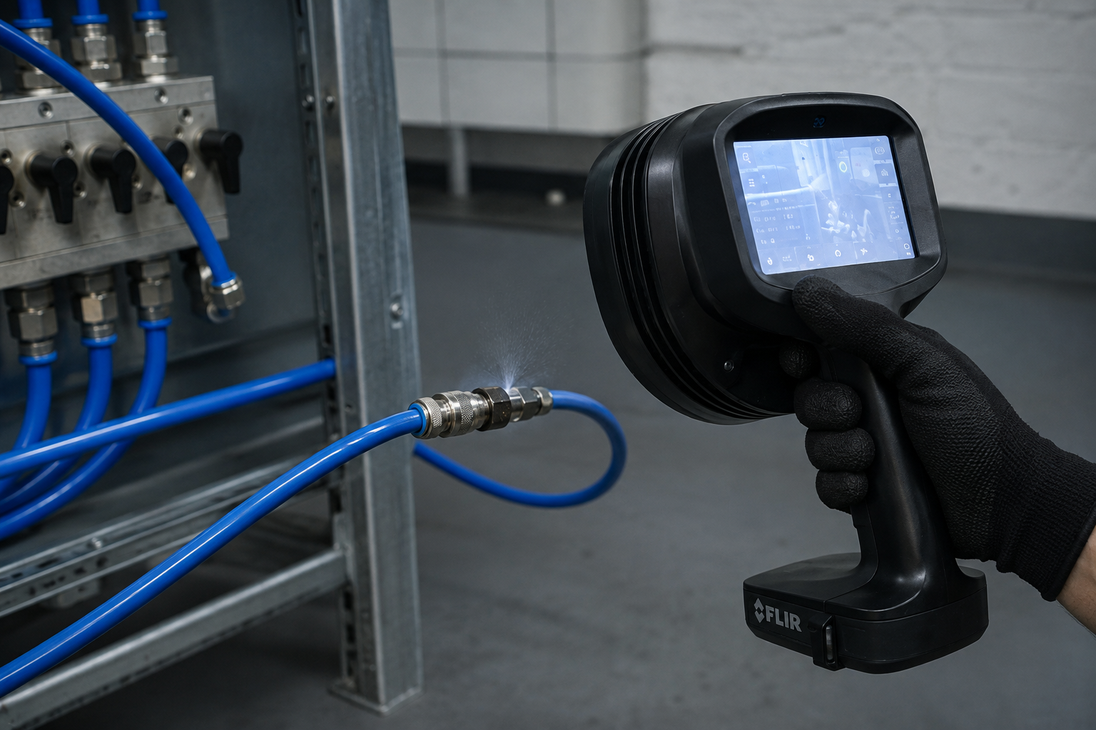 Câmera acústica FLIR Si2 localizando vazamento em conexão de ar comprimido