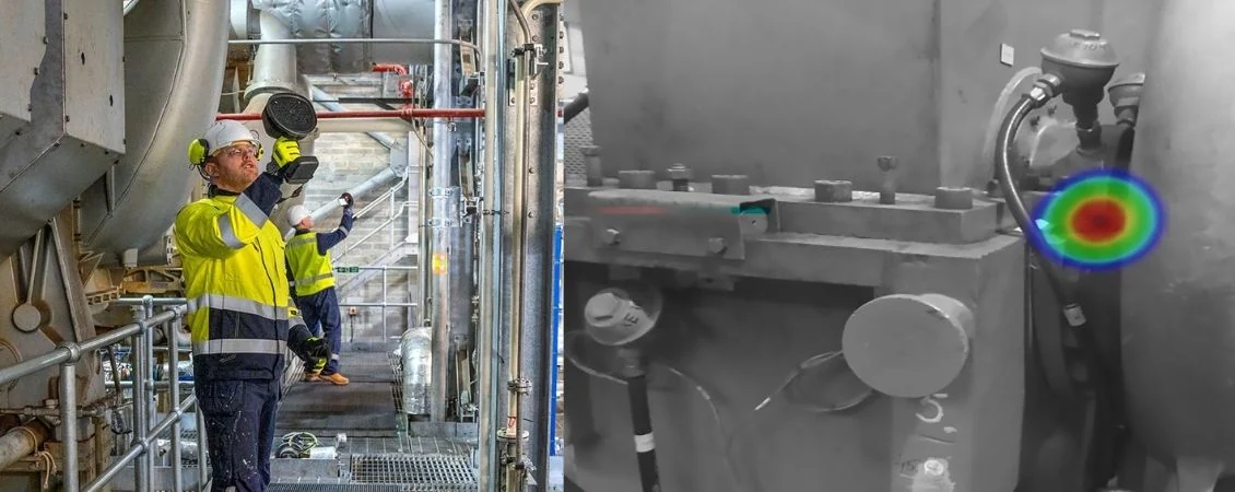 Inspeção acústica com FLIR Si124 e representação visual de uma fonte ultrassônica em material da FLIR