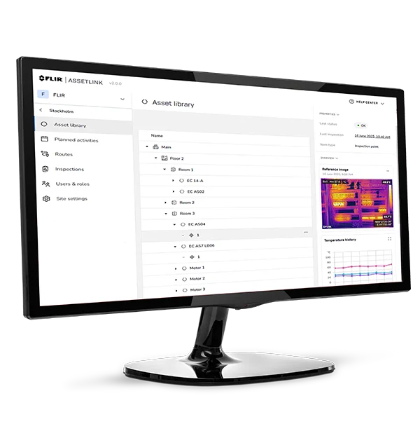 Interface oficial FLIR Assetlink com biblioteca de ativos e histórico térmico