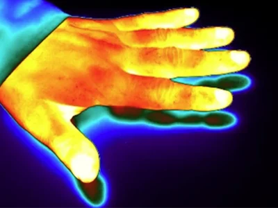 Imagem térmica de uma mão publicada pela FLIR em material de ciência e pesquisa