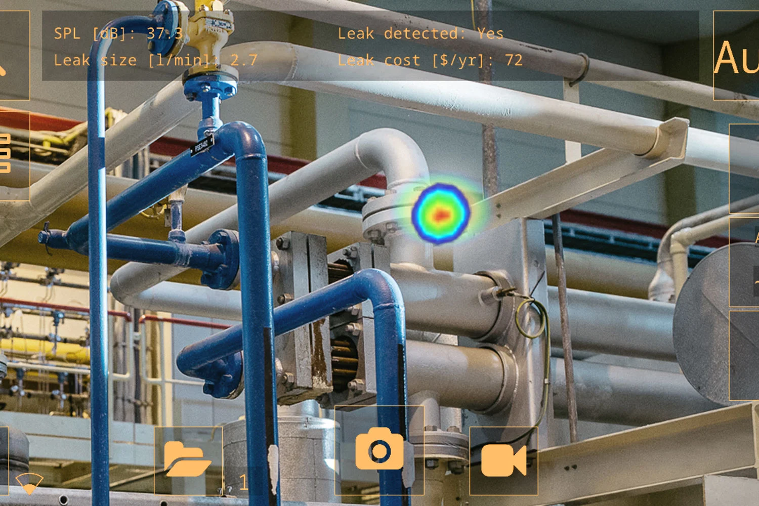 Vazamento em sistema industrial identificado por imagem acústica