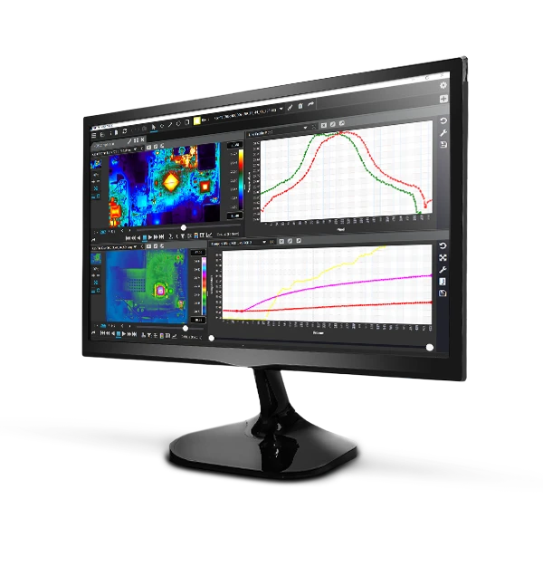 Interface do FLIR Research Studio com imagens térmicas e gráficos