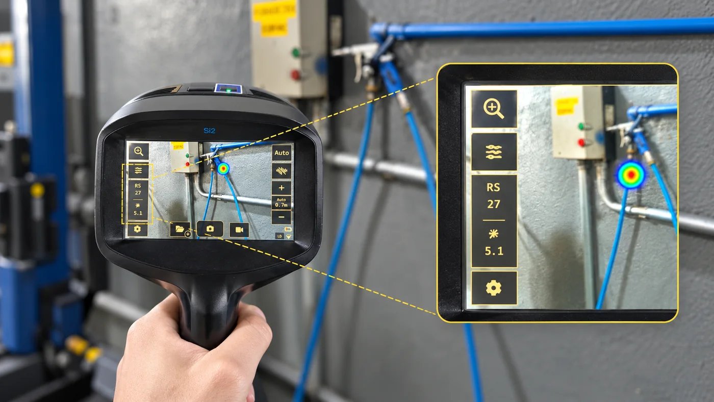 FLIR Si2-LD em inspeção acústica com destaque para informações exibidas na câmera