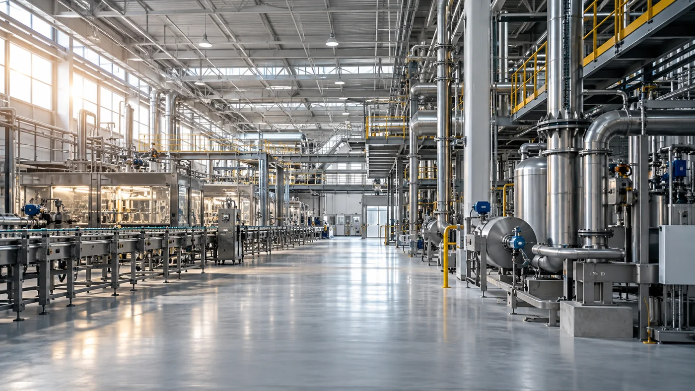 Planta industrial moderna com linhas de produção e sistemas de processo