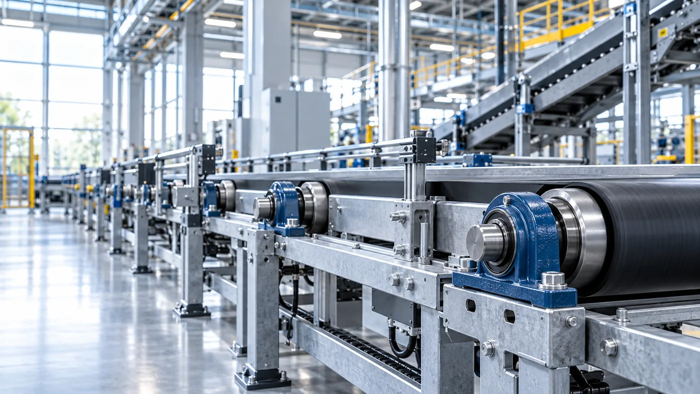 Transportador industrial com rolamentos e componentes mecânicos
